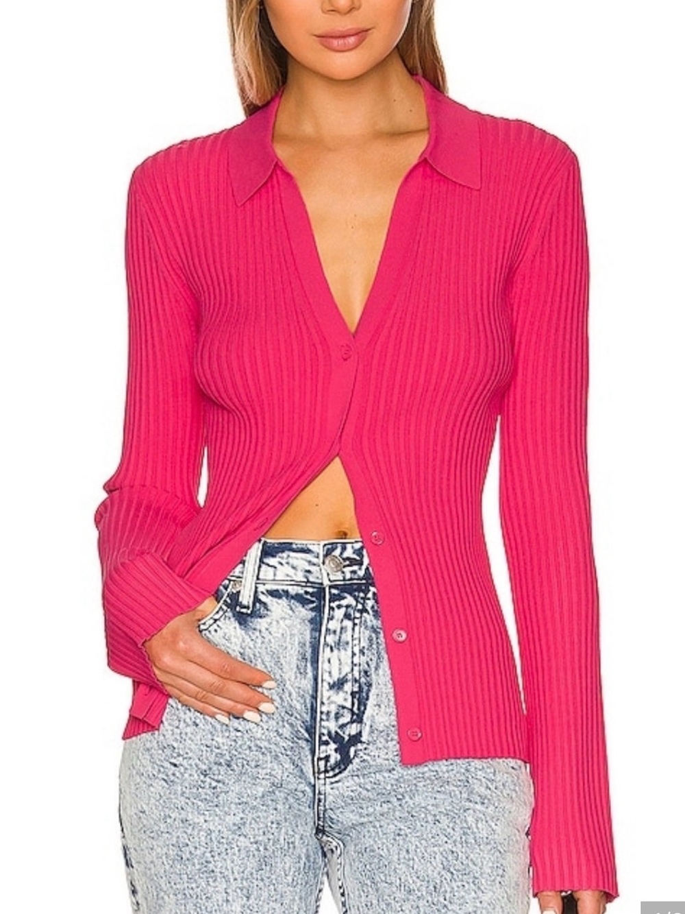 Helmut Lang Fitted Ribbed Button Cardigan in Hot Pink